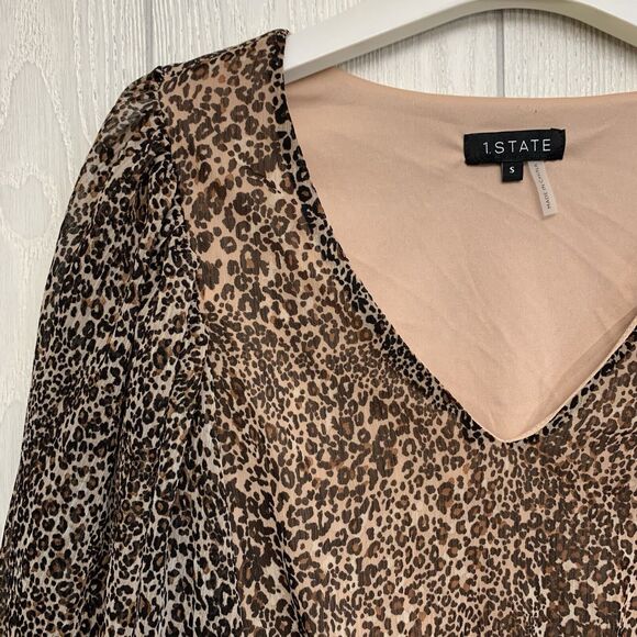 1.State Leopard V-Neck Long Sleeve Top Small - Picture 2 of 5